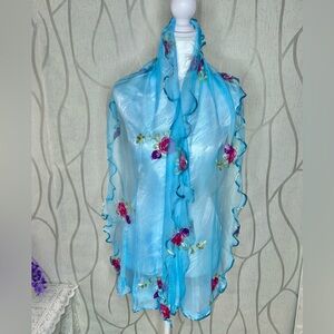 🎀🌷🩵 Sky Blue Sheer Floral Embroidery Elegant Decorative Scarf Shawl 🩵🌷🎀 NWT